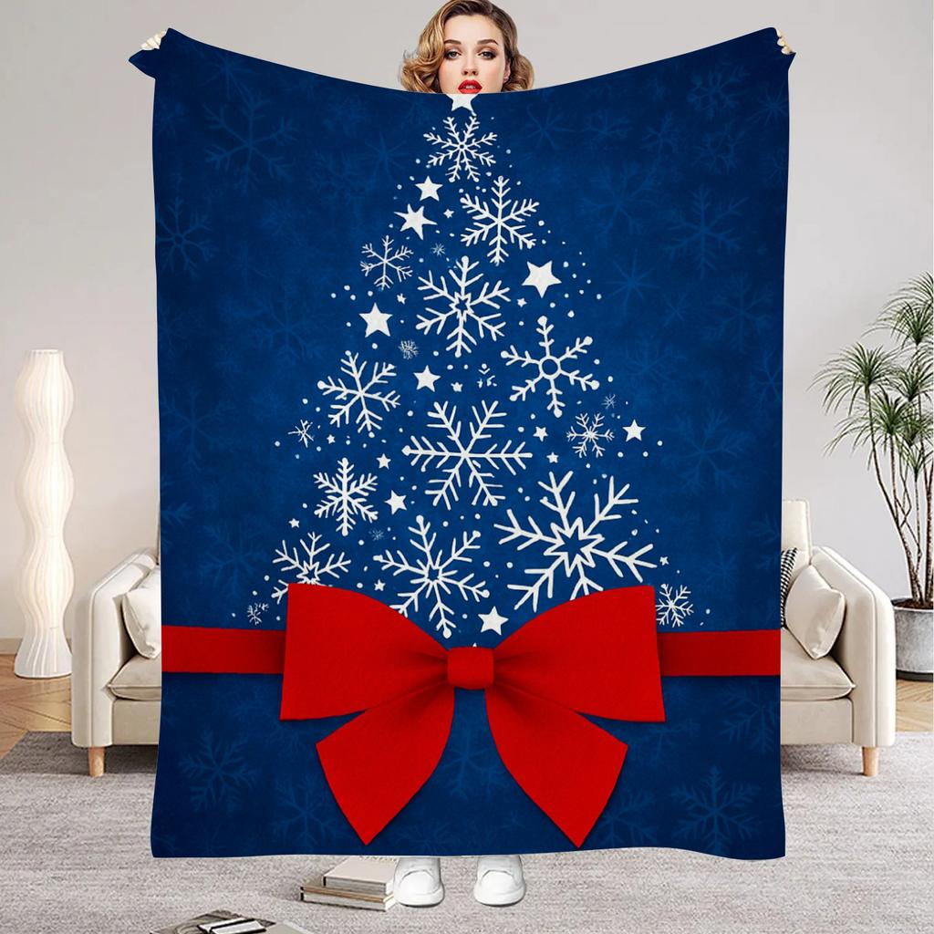 1pc Soft Christmas Tree Print Plush Blanket Blue Xmas Theme Snowflake All Season Use Washable Throw Blanket for Girls Daughter