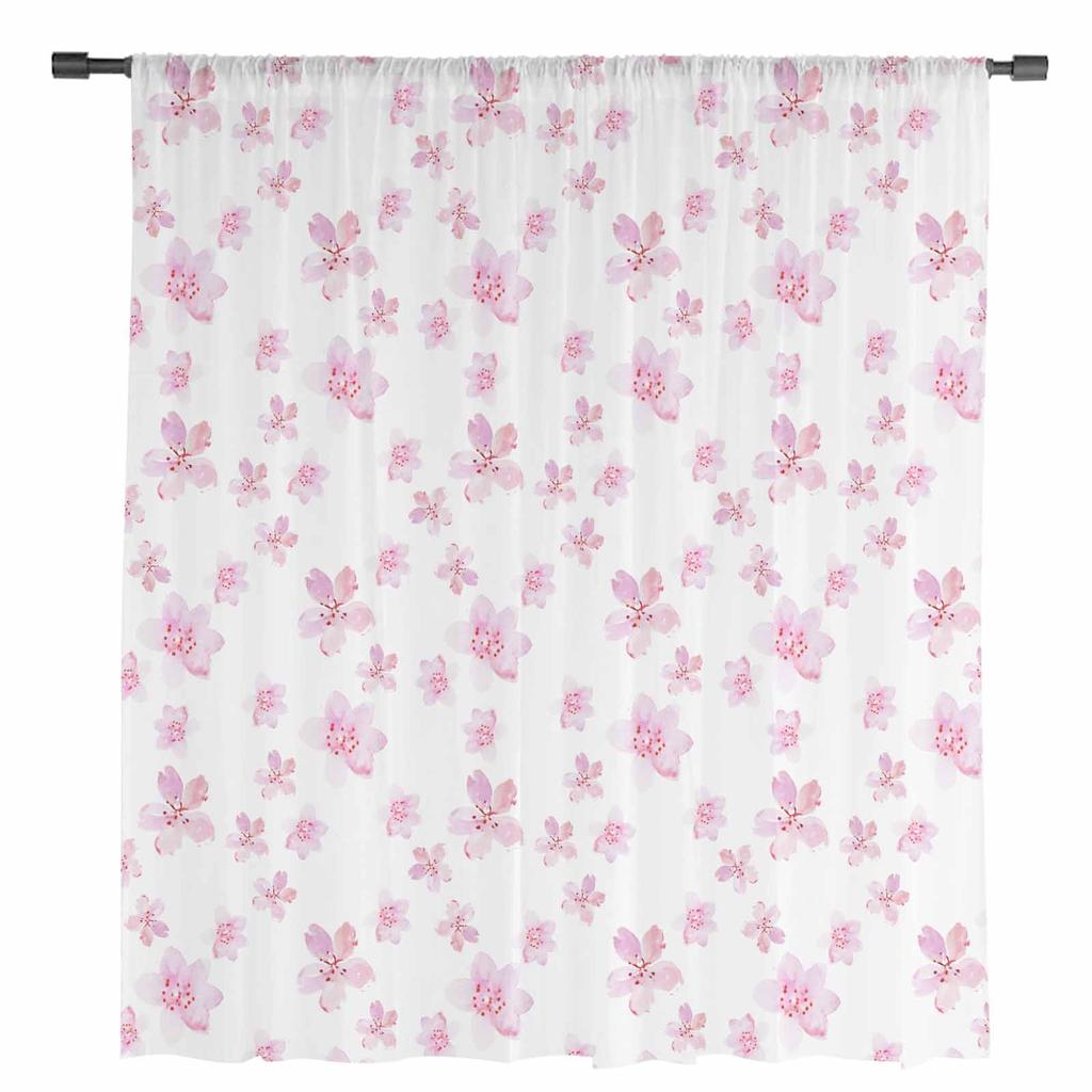 Pink Watercolor Cherry Blossom Sheer Curtains for Living Room Decoration Window Curtains Kitchen Tulle Voile Organza Curtains