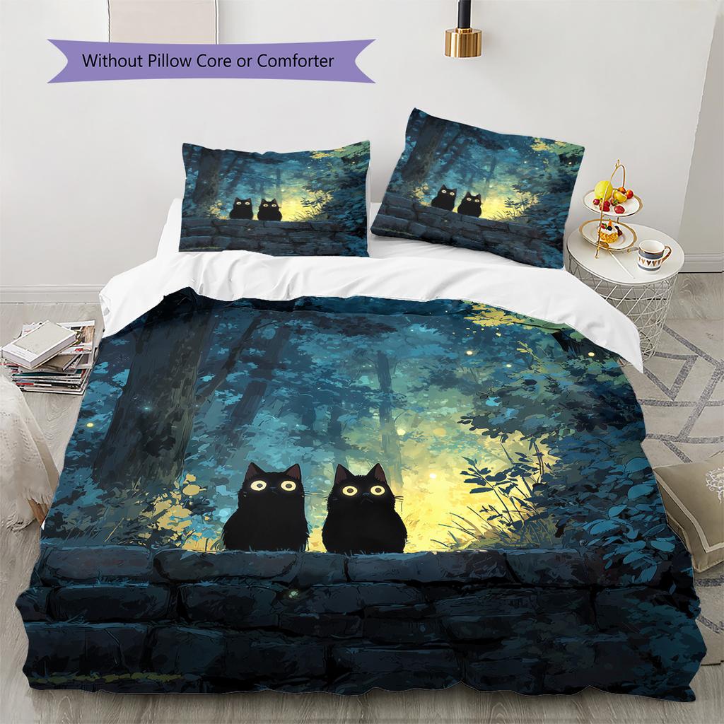 Black Cat at Night Pattern Bedding Quilt Set  Home Decoration  Gift (1 * duvet cover + 2 * pillowcase  without core)