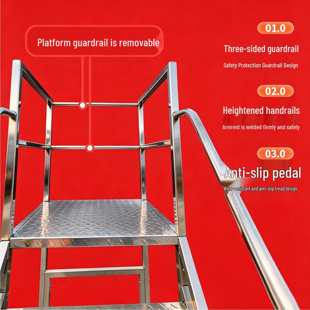 304 Stainless Steel Mobile Platform Ladder with Detachable Safety Feature