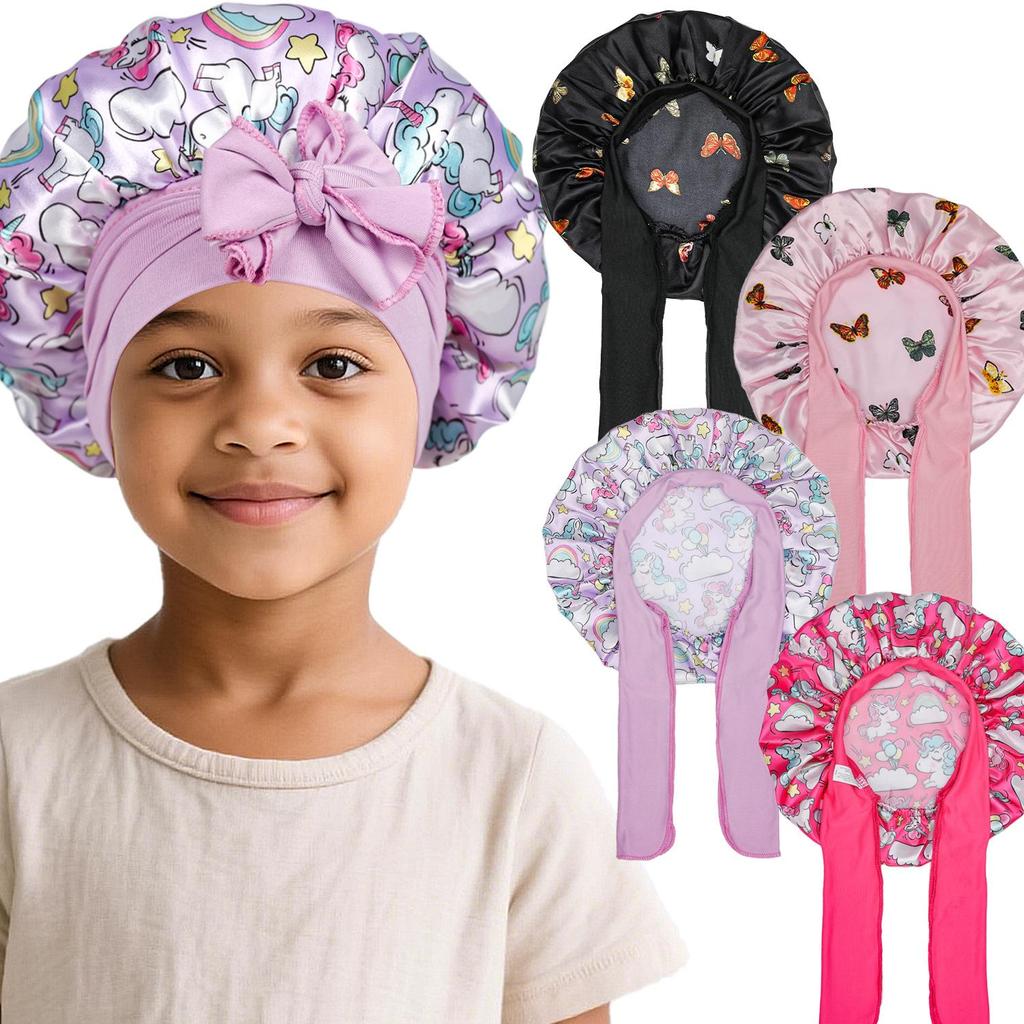 Kinder Einhorn Satin Schlafmütze zum Binden mit Gummiband