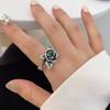 Exquisite Korean Style Vintage Exaggerated Green Zircon Rose Flower Ring For Women
