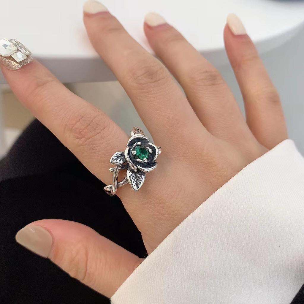 Exquisite Korean Style Vintage Exaggerated Green Zircon Rose Flower Ring For Women