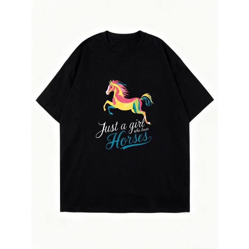 Oversized T Shirt Black Colorful Horse Print Just A Girl Who Loves Horses Text For Casual Wear And Everyday Style