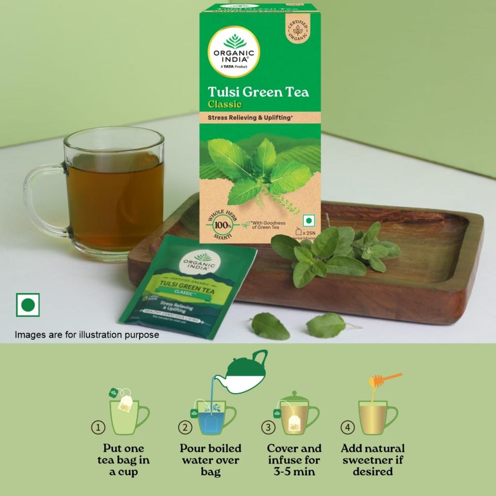 ORGANIC INDIA Tulsi Green Tea Classic 25 Tea Bags Uplifts Mood Rich Antioxidants Rama Krishna Vana