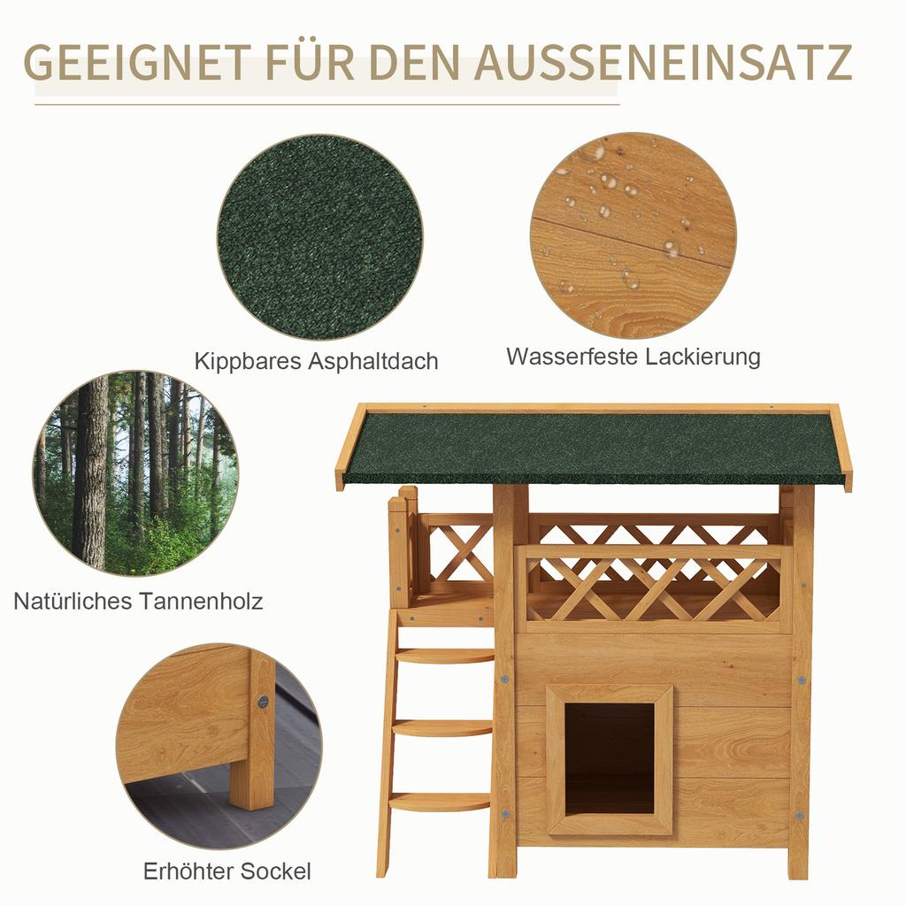 Cat House Outdoor W/ Balcony Stairs Roof, 77 X 50 X 73 Cm, Natural Wood Finish