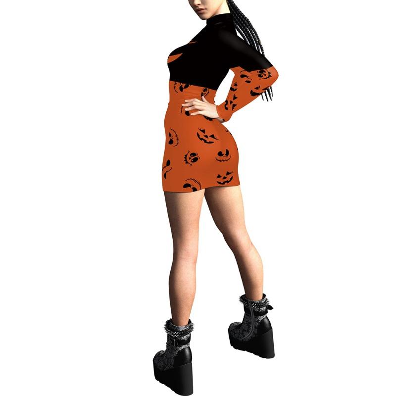 Halloween Costume Women's Dress Digital Printing Pumpkin Slim-Fit Long Sleeve Sexy Tight Hip Wrap Dress