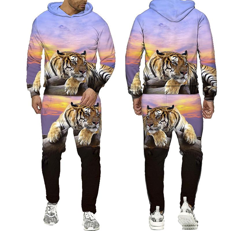 Мужской свитшот с 3D принтом «Тигр», комплект с капюшоном, спортивный костюм «Лев», пуловер, брюки, спортивная одежда, осенне-зимний мужской костюм