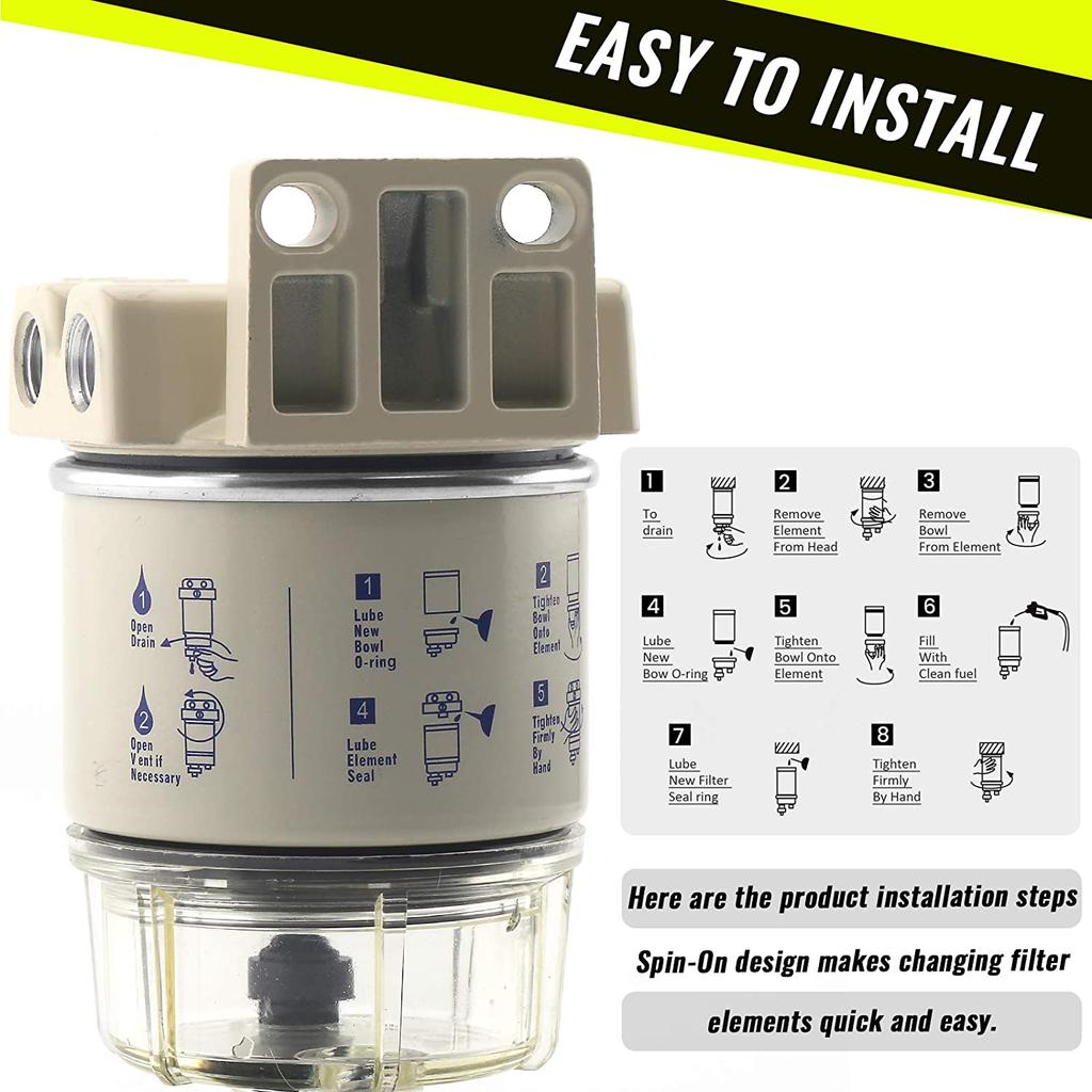 R12T Kraftstofffilter Wasserabscheider Komplettsatz - Marine SPIN-ON R12T Filter Ersetzt S3240 120AT NPT ZG1/4-19 Passend für 3/8 Zoll NPT Ou