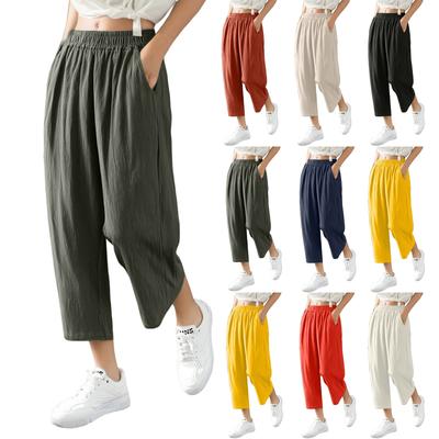 Damen Casual Baumwolle Hanf Weitbein High-Waist Casual Cropped Hose mit Tasche