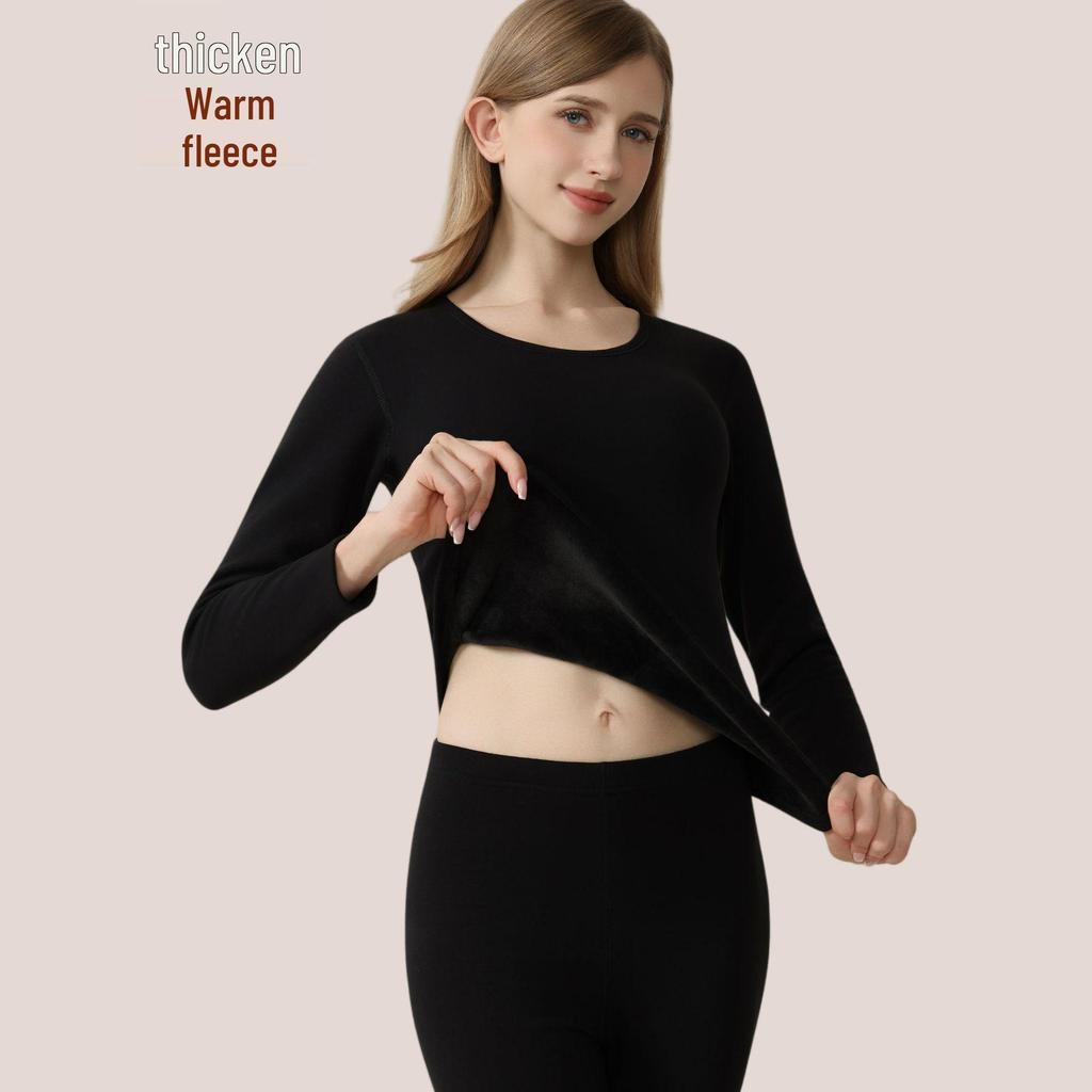 Men's and Women's Fleece-lined Crew Neck Warm Underwear Set: Heat-generating, Cold-proof, Pure Cotton for Autumn.