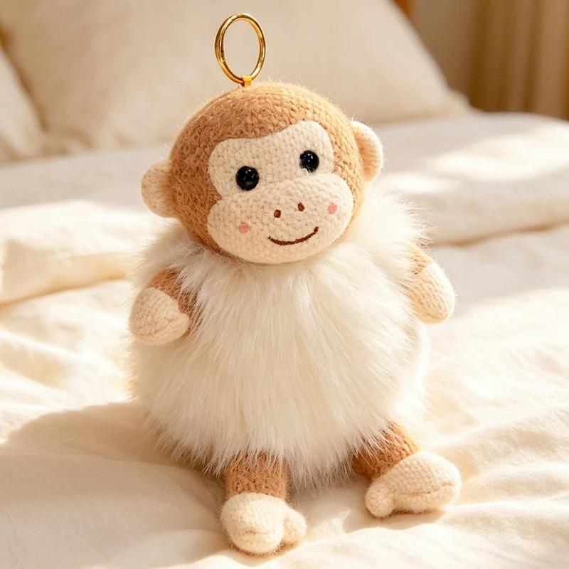 Süßer gestrickter Tier-Plüsch-Schlüsselanhänger 11 Stile Panda Bär Frosch Kaninchen Flauschiger Pompon Taschenanhänger für Rucksack, Autoschlüssel und Geschenke. 23cm beige