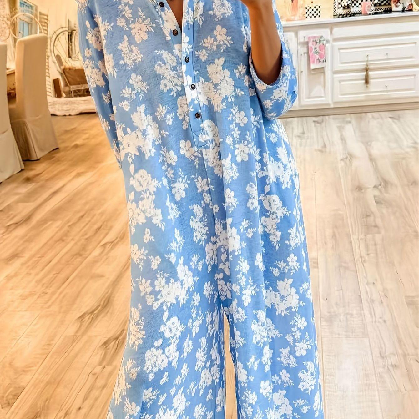 

Plus Size Floral Button-Up Jumpsuit with Casual Trousers 0XL синий
