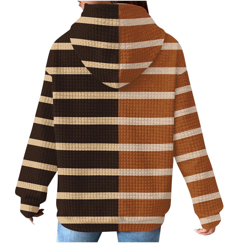 Women's Fashion Loose Hooded Pullover Long Sleeve Plaid Sweatshirt with Drawstring Drop Shoulder and Pocket Print Top