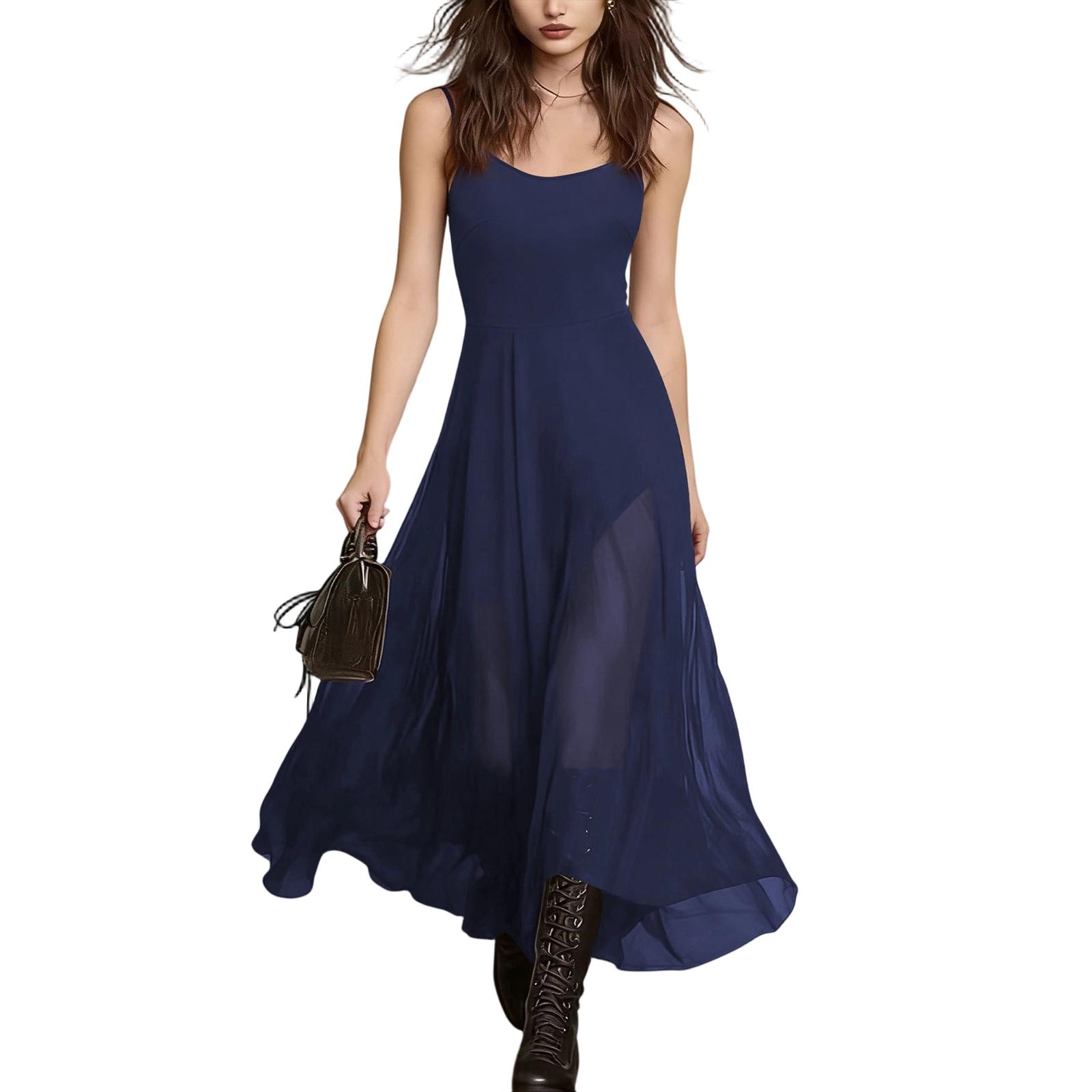 

Women s Slim Fit Backless Spaghetti Strap Dress Elegant Sleeveless Long Dress with V Neck and Scalloped Hem for Casual and Formal Wear M