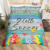 Hello Summer Comforter Cover Yellow Sunflower Bed Set,Farmhouse Duvet Cover Brown Stripe Old Wood Door Green Leaves Bedding Sets