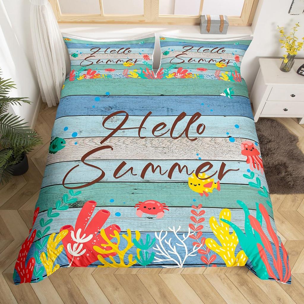 Hello Summer Comforter Cover Yellow Sunflower Bed Set,Farmhouse Duvet Cover Brown Stripe Old Wood Door Green Leaves Bedding Sets