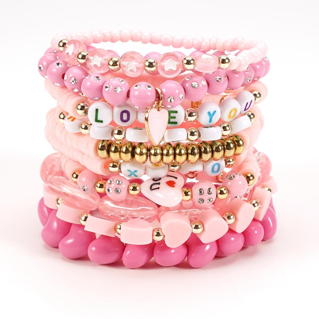 Valentine's Day Bracelet Love Heart XOXO Rose Pendant Charm Beaded Multi-Layer Bracelet Handmade Romantic Gift for Women