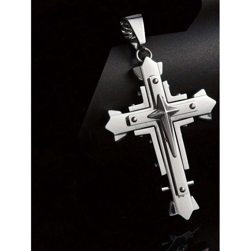 Stainless Steel Cross Pendant Necklace Men Women Geometric Layered Design Gold Black Finish 51-60cm Chain Length