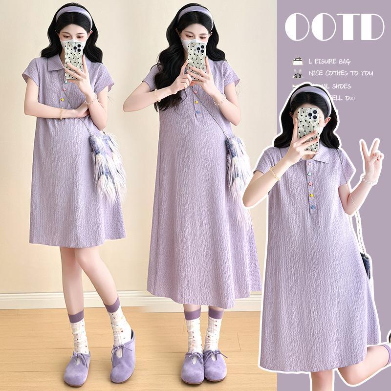 2026 Summer Korean Style Lapel Mid-Length Maternity Dress with Short Sleeves M