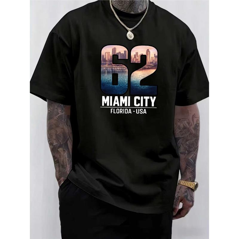 Europäische Größen Herren Miami City Letter Print T-Shirt - Lässiger Street Style, Sommer-Must-Have, Rundhalsausschnitt - Weiche Medium-Stretch-Mischung, Normale Passform