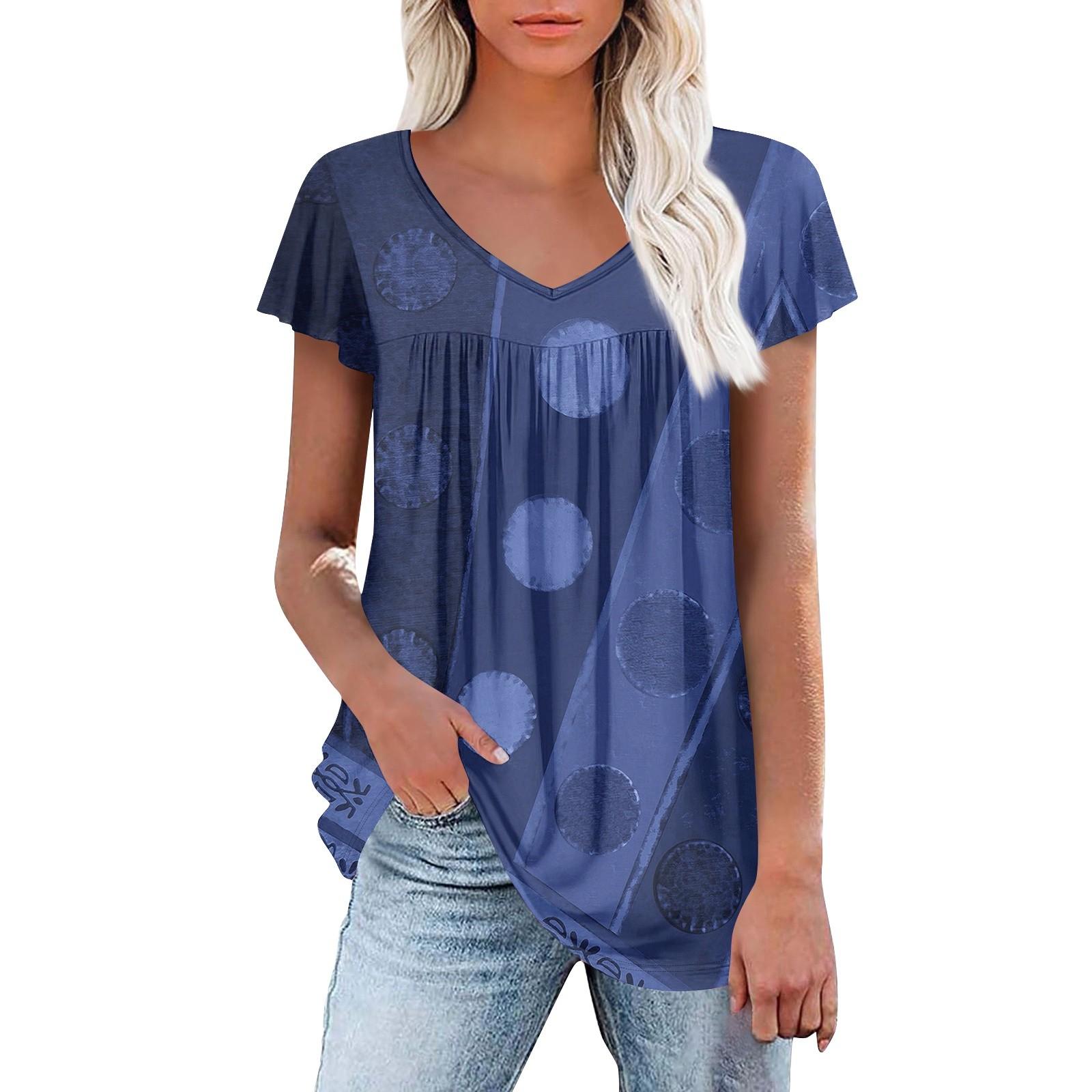

Жіночі туніки Елегантні повсякденні літні сорочки з короткими рукавами Квіткові вільні плісировані богемні топи XXXL Темно-синій