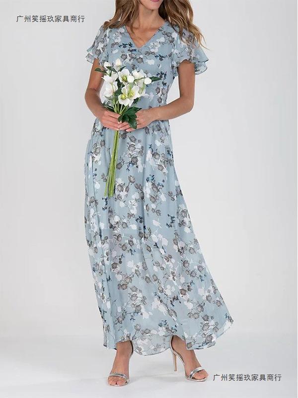 New Beach Pendulum Long Dress Chiffon Floral Short-sleeved Ruffle V-neck Fashionable Waist Dress