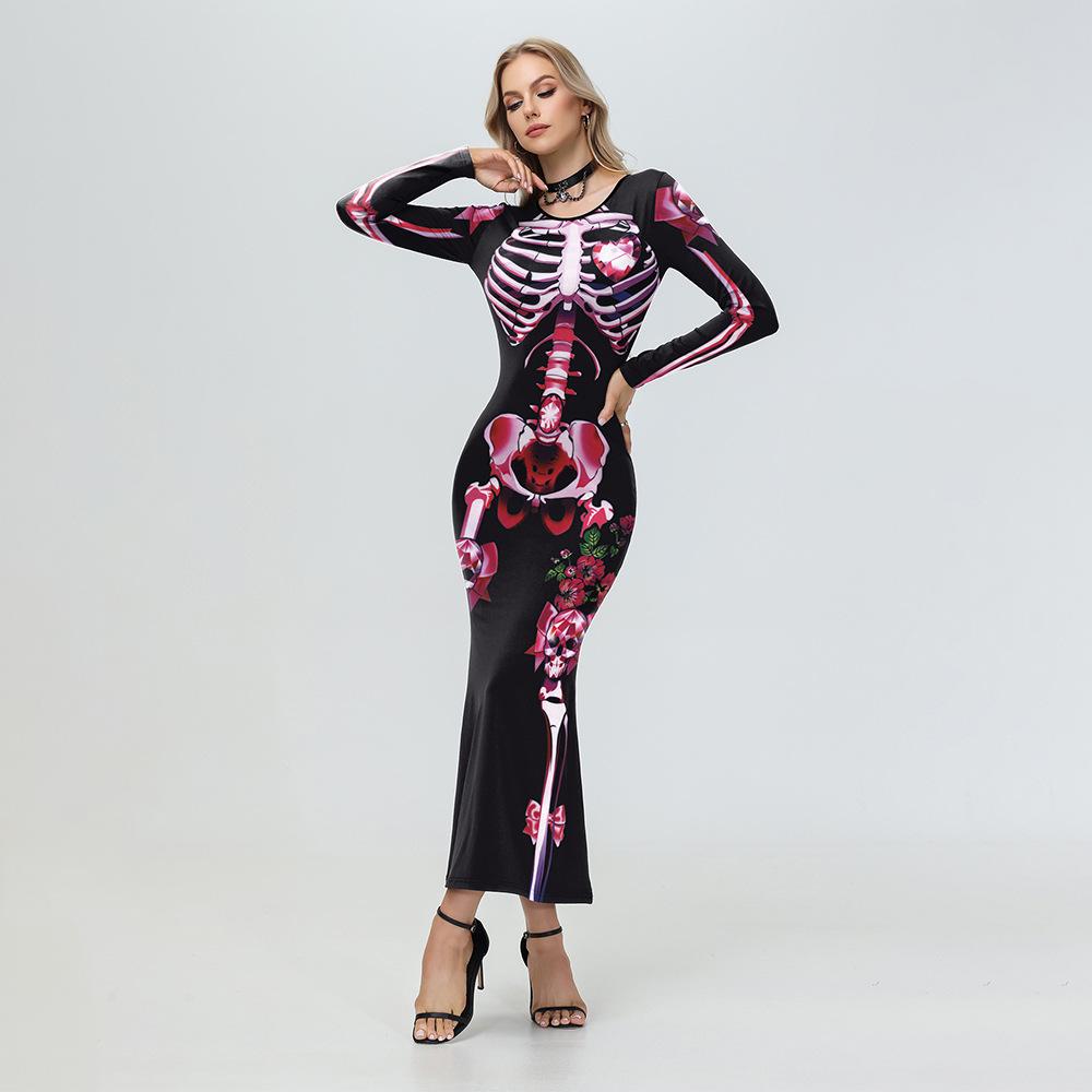 Herfst Winter Cosplay Halloween Dameskleding Pailletten Maxi Jurken Persoonlijkheid Groene Bloemenprint Lange Mouwen Jurk voor Vrouwen Rok Kerst
