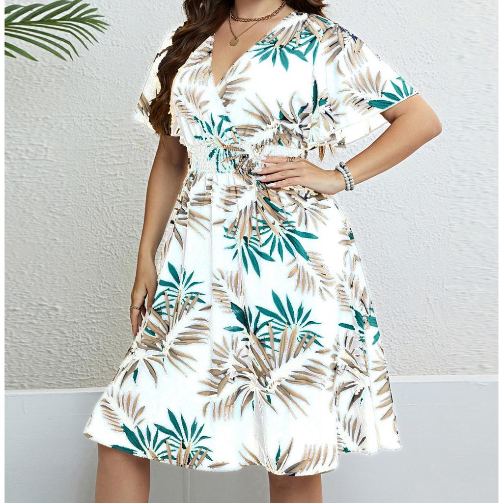 Plus Size Vintage V-Neck Short Sleeve Smocked Waist Slimming Retro Midi Dress for Women Casual Summer