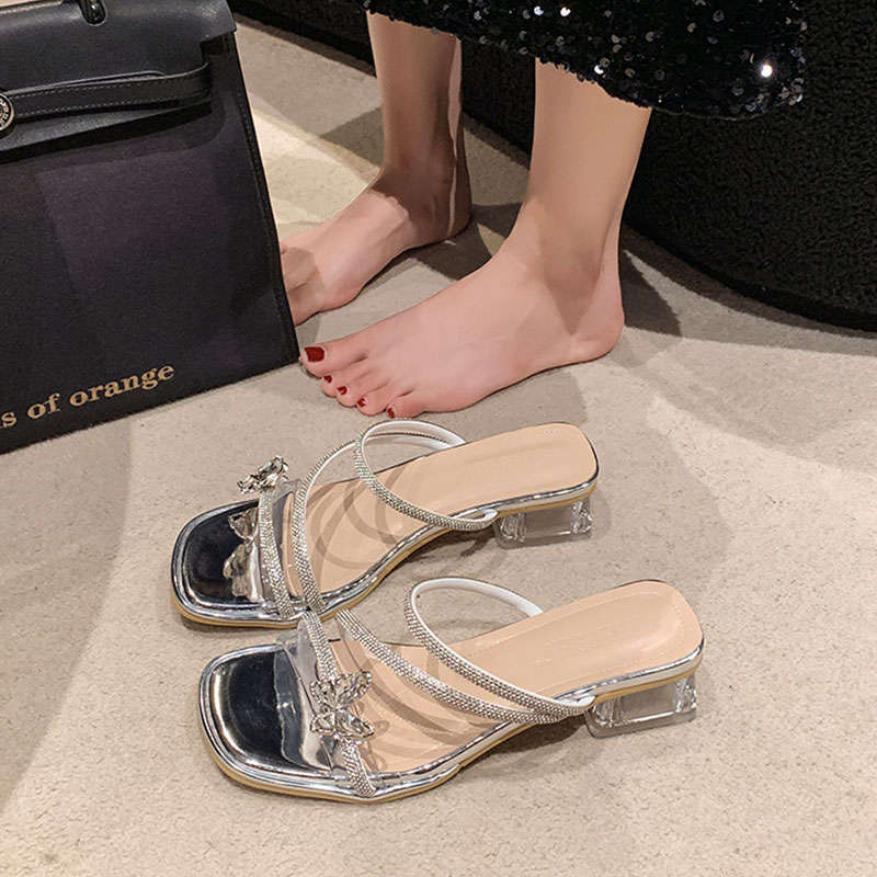 Feenwind Schleife Strass Temperament High Heel Kristall Sandalen Damen Sommerbekleidung 2025 neue französische Blockabsatz Pantoletten