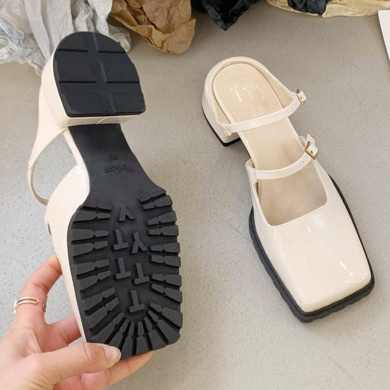 Fashion Retro Square Toe Belt Buckle Women Sandals Fashion Narrow Strap Square Heel Mary Jane Shoes Comfort Patent Leather Designer Shoe