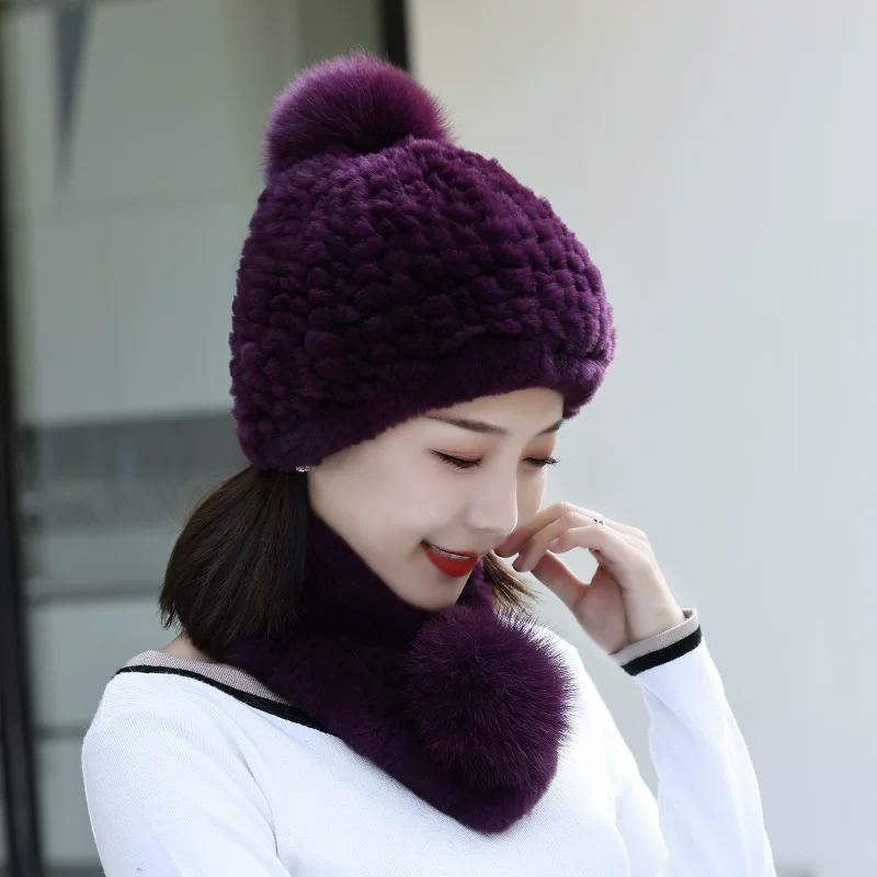 Rex Rabbit Hair Hat Scarf Two-piece Set Women's Winter Fur Hat Set Winter Fashion Warm Middle-aged Mother Hat