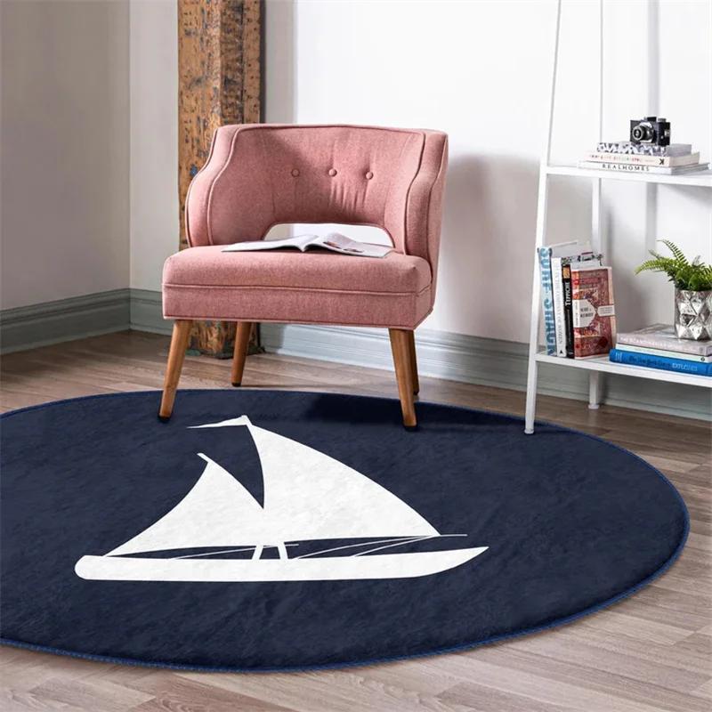 Marine Round Rug Compass Floor Carpet Wheel Non Slip Circle Rugs Sailor Anti Slip Mat Anchor Area Rugs Blue Rug for Living Room