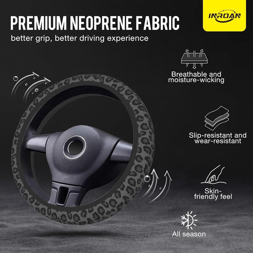 Black Leopard Print Cheetah Steering Wheel Cover For Women, Anti-Slip Breathable High Elastic Neoprene Car Steering Wheel Cover, Universal 15 Inch