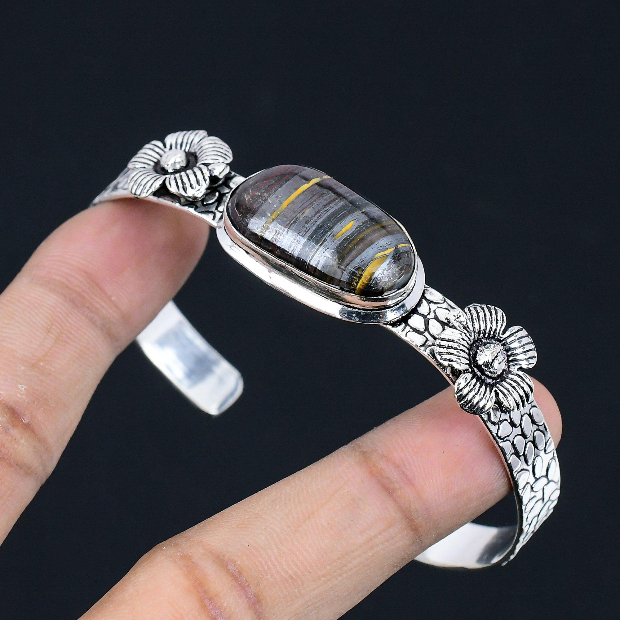 

Halloween Sale 925 Sterling Silver Natural Iron Tiger Eye Flower Ethnic Bangle Adjustable