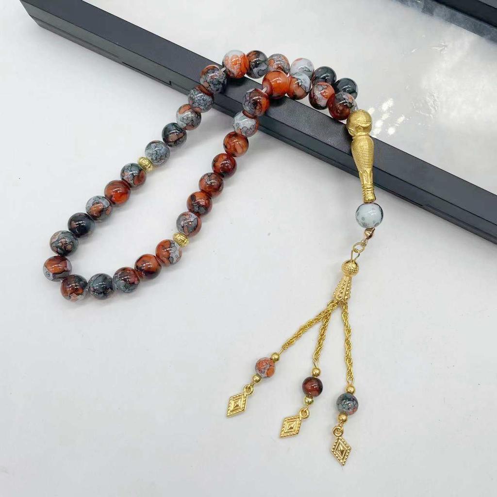 33 Beads Flower Glass Tasbih with Golden Tassel, 10mm Large Prayer Beads for Muslim Worship, Ramadan Gift for Family Friends