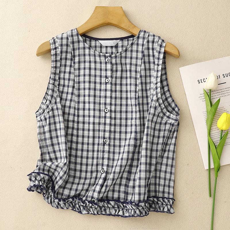 2026 New Women s Blue & White Plaid Pure Cotton Sleeveless Round Neck Summer Shirt XXL