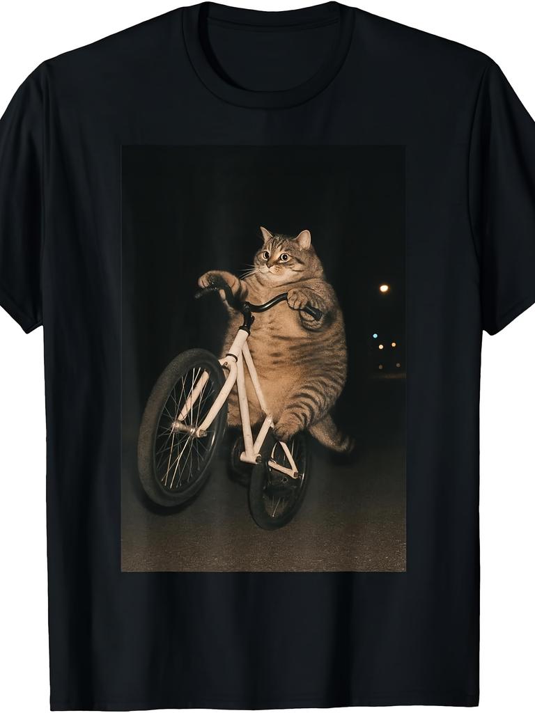 Retro Cat Riding Bike TShirt Funny Kitten On Bike Meme Graphic Tee Loose Fit Round Neck Shirt Suitable for Themed Events
