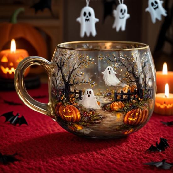 Halloween Glass Mug Spooky Ghost Pumpkin Coffee Cup with Handle Drinkware Accessories for Espresso Tea Coffee