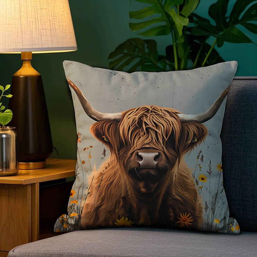 

Cute Highland Cow Pillow Case Sofa Living Room Bedroom Double-sided Printing Square Cushion Nap Time Cushion Cover 12x12Inch