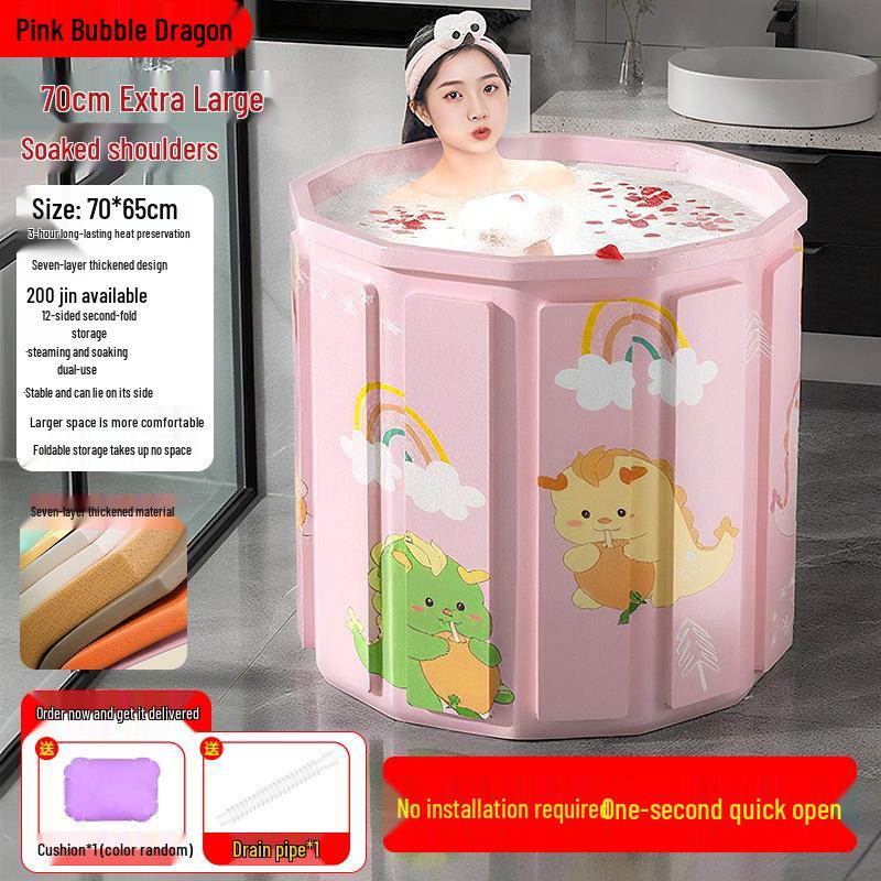 Folding Insulated Adult Soaking Tub - Anti-Rollover, Cotton-Padded, Large Size (Blue/Pink)