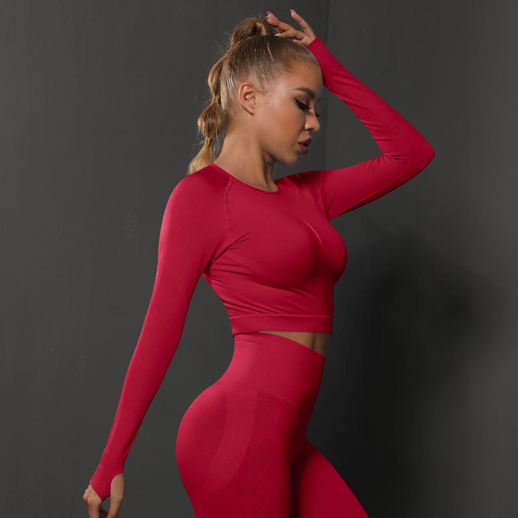 Seamless Tight Solid Color Pleated Sports Long Sleeved Top With High Elasticity, Breathability, Running, Fitness, Yoga Clothes For Women