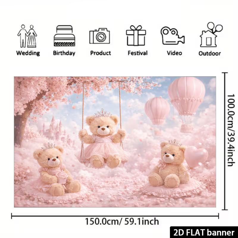 2D Pink Cherry Blossom Teddy Bear Backdrop, Dreamy Castle & Hot Air Balloon Background for Party