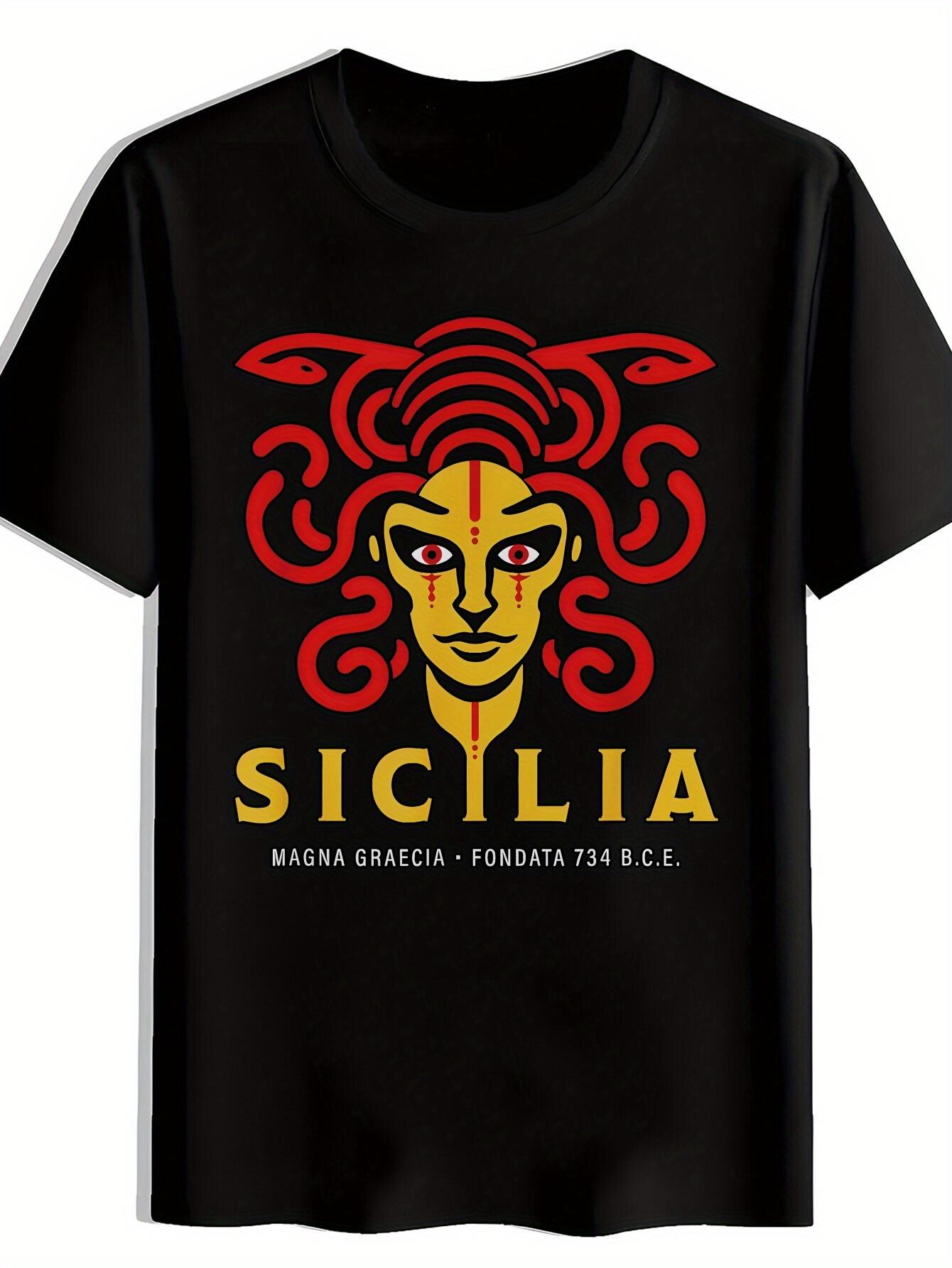 Sicilia Graphic T-shirt - Vibrant Red & Yellow Design with Roman Numerals M