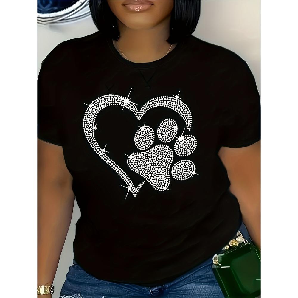 Rhinestone Heart Paw Print Women's Tee - Sparkly Pet Love Graphic, Casual Black Top