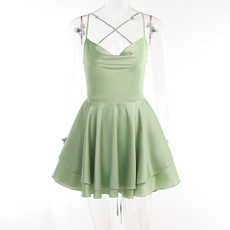 Summer New European and American Sexy Elegant Slim Sling Sling Satin Backless Strap A Swing Dress Women