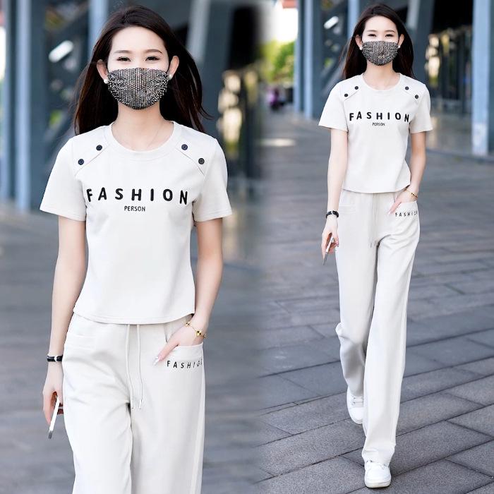 Youthful Summer 2025 Loose Round Neck Short Sleeve Top & Straight Leg Pants Set - Fashionable Sportswear for Versatile, Age-Reducing Style