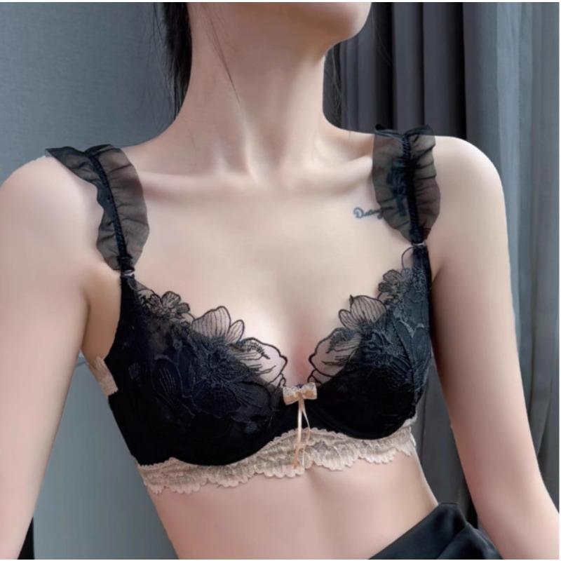 Black Lace Bra With Floral Embroidery Beige Trim And Ruffled Tulle Straps S чёрный