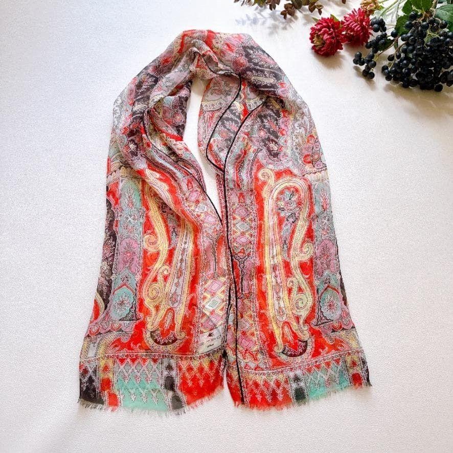 Used D449 ETRO Paisley Pattern Stole Shawl Red Beautiful Silk