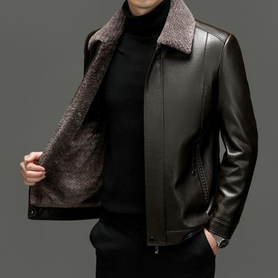 Chaqueta de cuero integrada de cuero y piel para hombres Piel de oveja Cuero genuino para hombres de mediana edad y ancianos Abrigo de invierno cálido y engrosado para papá